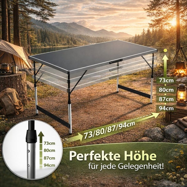 Höhenverstellbarer Campingtisch mit stabiler Platte, verstellbar auf 73, 80, 87 und 94 Zentimeter Höhe für flexiblen Einsatz im Freien.
