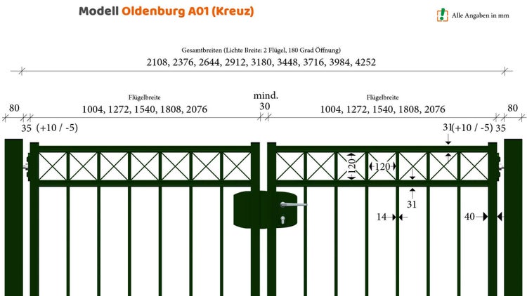 Technische Zeichnung eines Gartentors Modell Oldenburg A01 (Kreuz) mit Breitenangaben
