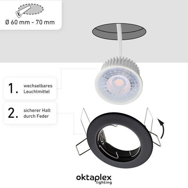 Oktaplex Lighting 6er Set LED Einbaustrahler Sedan - mit LED Modul 4,8W 2700K 230V 380lm Warmweiß 110° - Spot Schwarz Lochmaß 60mm
