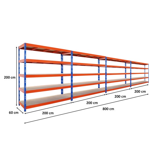 PROREGAL Mega Deal 4x Profi Schwerlastregal Rhino HxBxT 200x200x60cm 5 Spanplatten-Ebenen 8mm Fachlast 500kg Blau/Orange