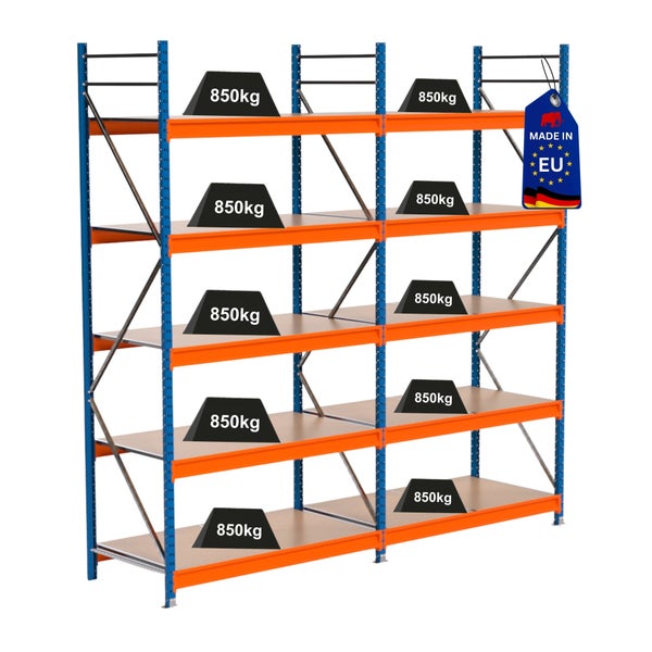 Regal mit Tragfähigkeit von 850 Kilogramm und Herkunftshinweis Europäische Union