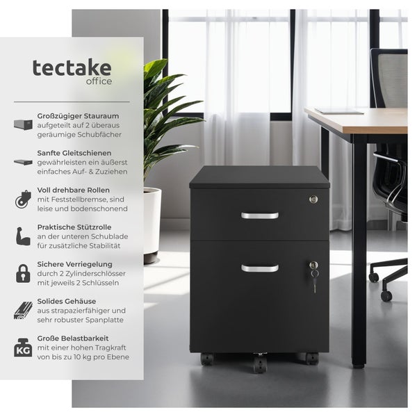 Rollcontainer tectake Vagur 40 x 44 x 54,5 cm mit 2 Schubladen für Dokumente im A4 Format schwarz