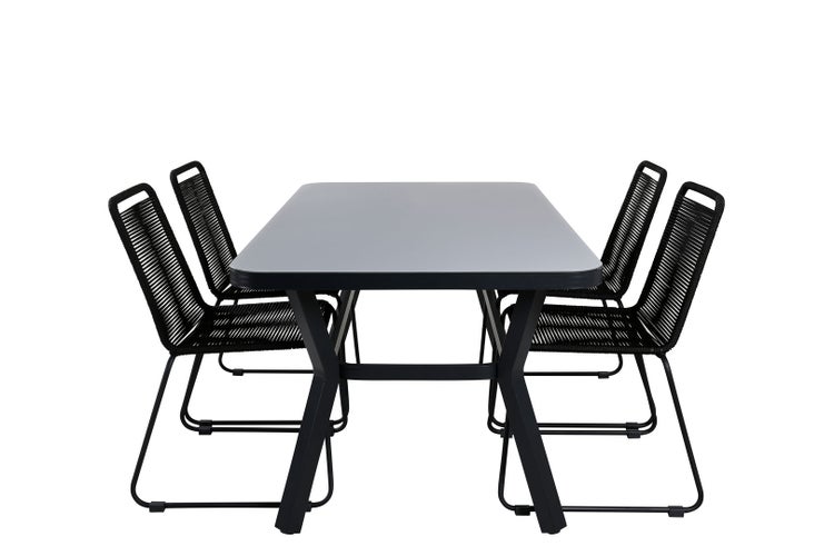 Virya Gartenset Tisch 90x160cm und 4 Stühle stabel Lindos schwarz, grau. 90 X 160 X 74 cm