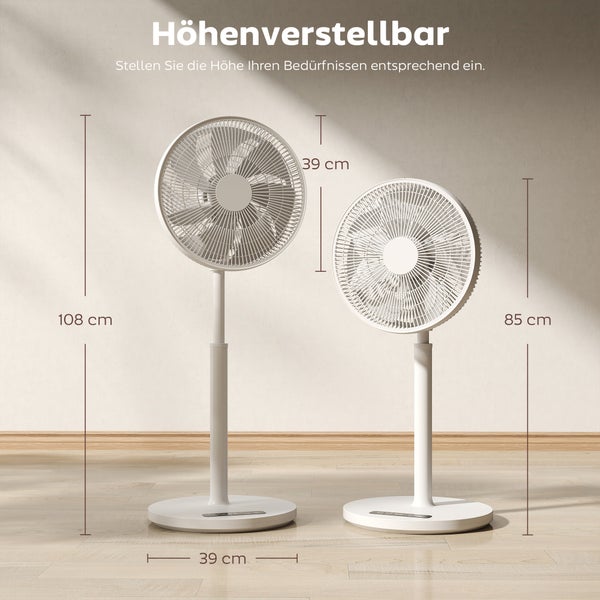 Höhenverstellbarer Standventilator in zwei Positionen mit Höhen von 85 und 108 Zentimetern und einem Durchmesser von 39 Zentimetern.