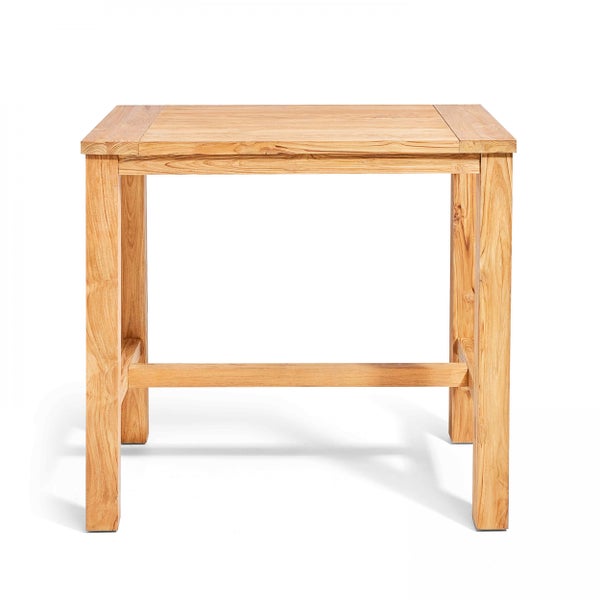 Quadratischer Bartisch aus Massivholz mit stabilen Beinen und einer Fußstütze.