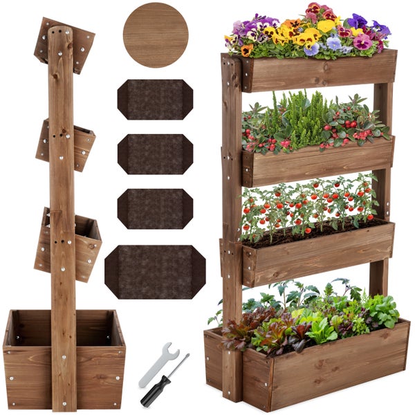 Vertikales Hochbeet aus Holz mit vier Etagen, bepflanzt mit Blumen und Gemüse, inklusive Montagematerial und Vlieseinlagen.