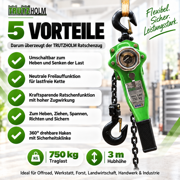 Trutzholm Ratschenzug mit 750 kg Traglast und 3 Meter Hubhöhe, inklusive Darstellung der Produktvorteile und technischer Daten.
