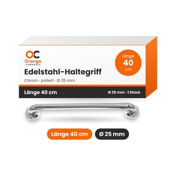 Orange Commerce Haltegriff aus poliertem Edelstahl, 40 Zentimeter lang, 25 Millimeter Durchmesser für Bad und Dusche.