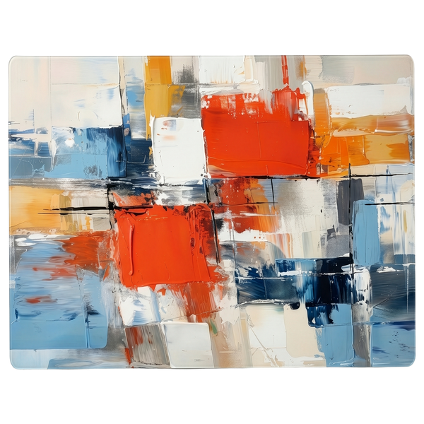 Glasbild mit abstraktem Ölgemälde-Motiv in Blau, Rot und Orange, rechteckig mit abgerundeten Ecken.