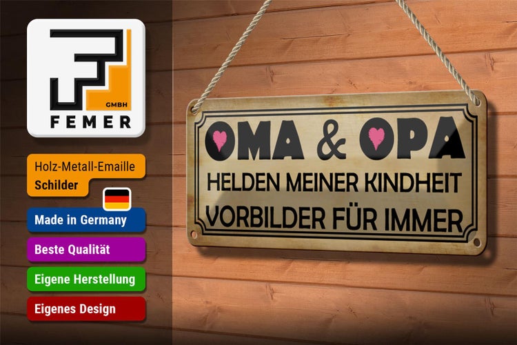 Blechschild Spruch 27x10cm Oma Opa Helden meiner Kindheit Dekoration