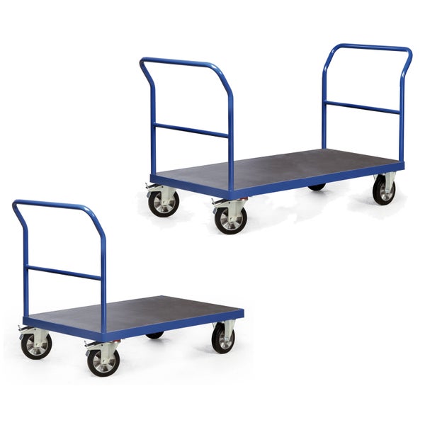 Zwei blaue Plattformwagen mit Handgriffen und Rollen