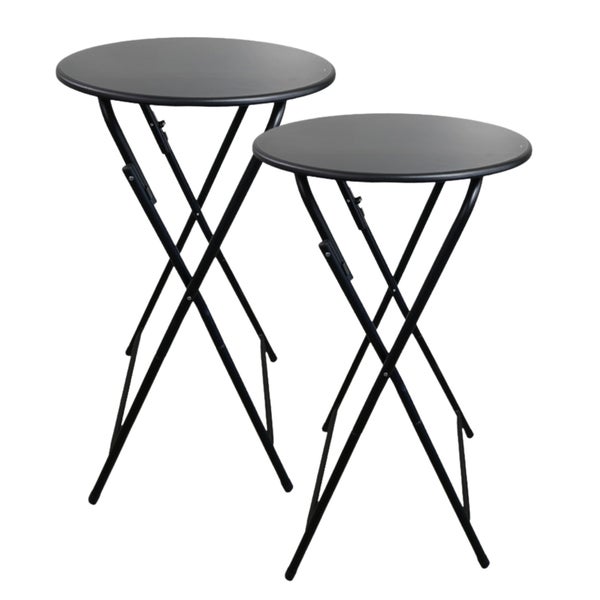 Zwei Stehtische mit runder Platte und klappbarem Stahlgestell