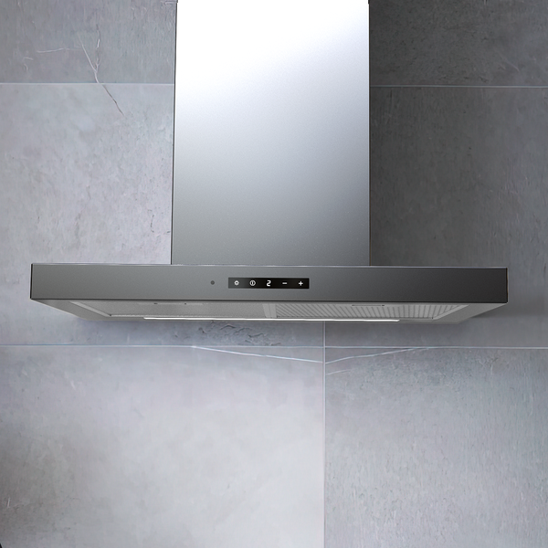 Wandhaube aus Edelstahl mit digitalem Touch-Bedienfeld und Metall-Fettfiltern.