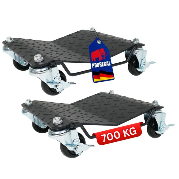 Transportroller-Set aus Metall für schwere Lasten bis 700 Kilogramm mit rutschfester Oberfläche und drei Lenkrollen pro Roller. Proregal Logo.