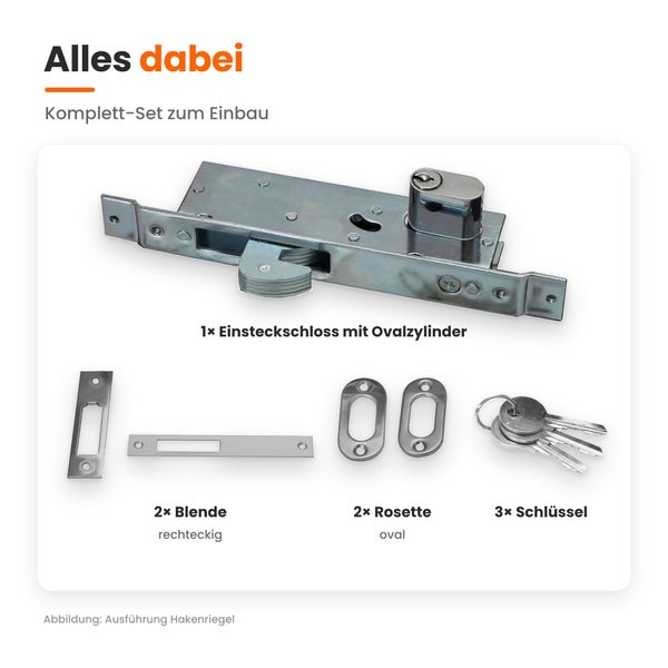 Einsteckschloss Komplett-Set mit Hakenriegel, Ovalzylinder, zwei rechteckigen Blenden, zwei ovalen Rosetten und drei Schlüsseln für den Einbau.