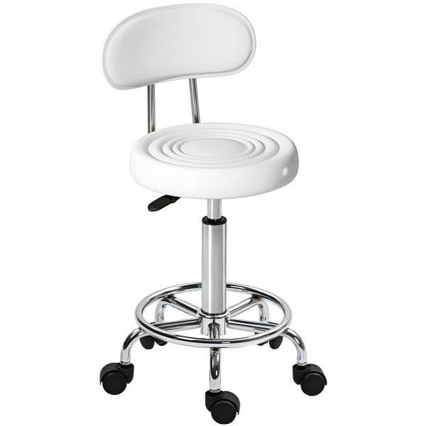 Rollhocker mit Rückenlehne und höhenverstellbarem Sitz mit Rollgestell aus Metall
