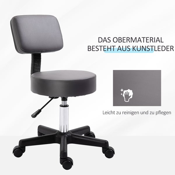 HOMCOM Rollhocker Höhenverstellbarer Arbeitshocker mit Lehne, Drehbarer Salon Hocker für Massage Büro Kunstleder Grau Ø35 x 72-84 cm