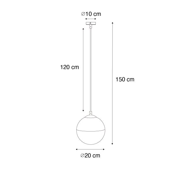 Technische Zeichnung einer Pendelleuchte mit den Maßen: Durchmesser der Deckenhalterung zehn Zentimeter, Lampenschirmdurchmesser zwanzig Zentimeter, Lampenhöhe einhundertfünfzig Zentimeter, Kabellänge einhundertzwanzig Zentimeter