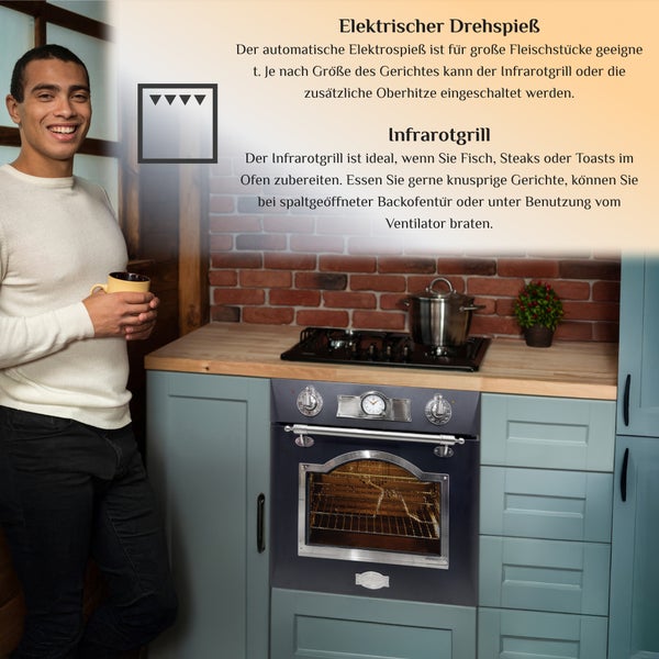 Ein moderner Einbaubackofen in einer Küche mit Drehspießfunktion und Infrarotgrill Funktion zur Zubereitung von Fleisch und knusprigen Speisen.
