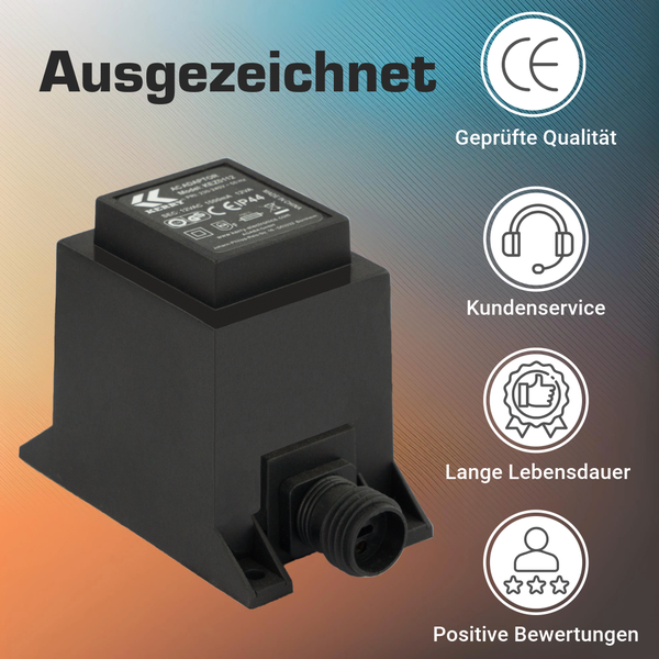 Schwarzer Außentransformator mit Schutzart IP44, CE Kennzeichnung, Kundenservice, lange Lebensdauer und positive Bewertungen.