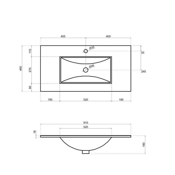 Technische Zeichnung eines Möbelwaschtisches mit Maßangaben in Millimeter für die Planung und Montage im Badezimmer.