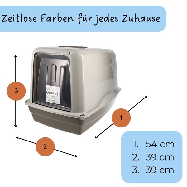 Katzenklo mit Deckel und den Maßen 54 Zentimeter Länge und 39 Zentimeter Höhe und Breite