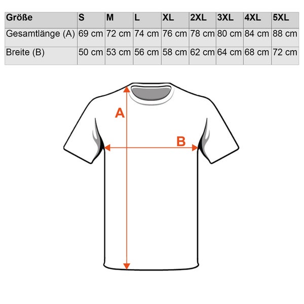 Größentabelle für T-Shirts mit Maßangaben für Länge und Breite in Zentimetern