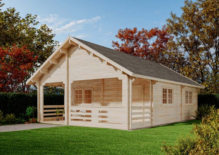 Alpholz Blockhaus Europa 70 mit Schlafboden Blockhaus aus Holz, Holzhaus mit 70 mm Wandstärke inklusive Terrasse inklusive Schlafboden Blockbohlenhaus, Naturbelassen 6,4x9,4m