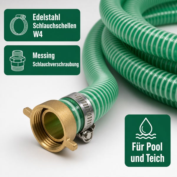 Gewebeschlauch fuer Pool und Teich mit Edelstahl Schlauchschelle W4 und Messing Schlauchverschraubung