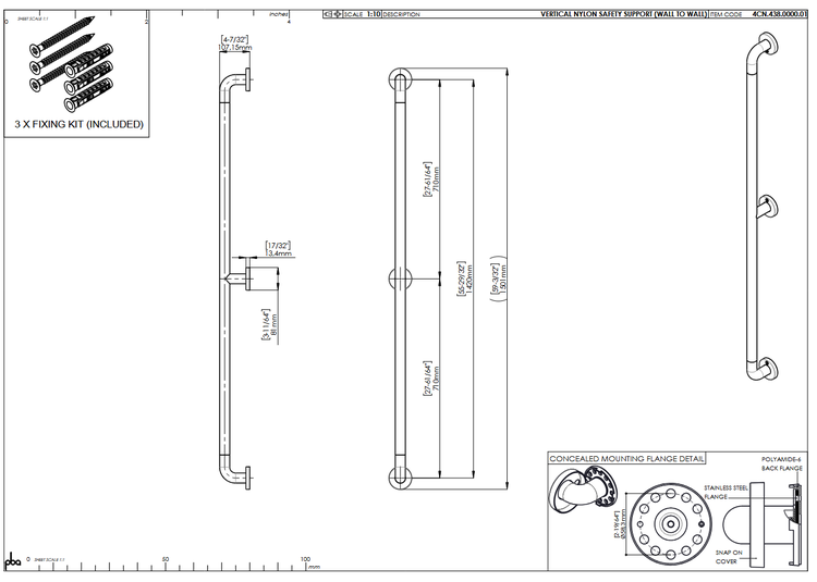 Technische Zeichnung eines vertikalen Haltegriffs aus Nylon mit Maßangaben, Befestigungsset und Details zur verdeckten Montage.