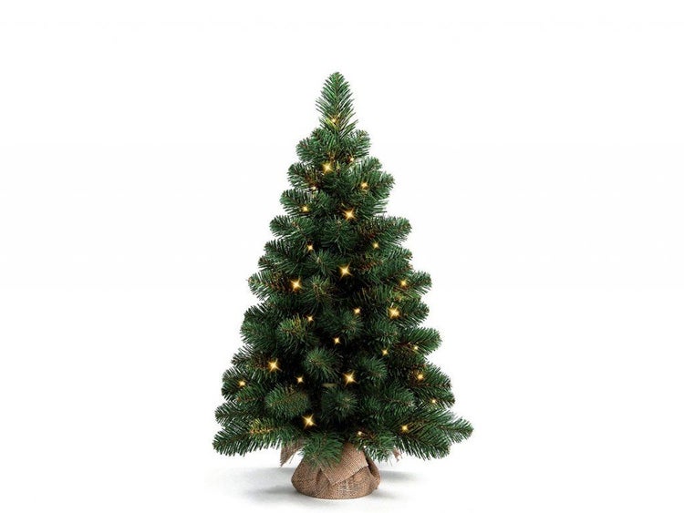 Künstlicher Weihnachtsbaum mit LED Lichterkette und Jutesack als Fuß