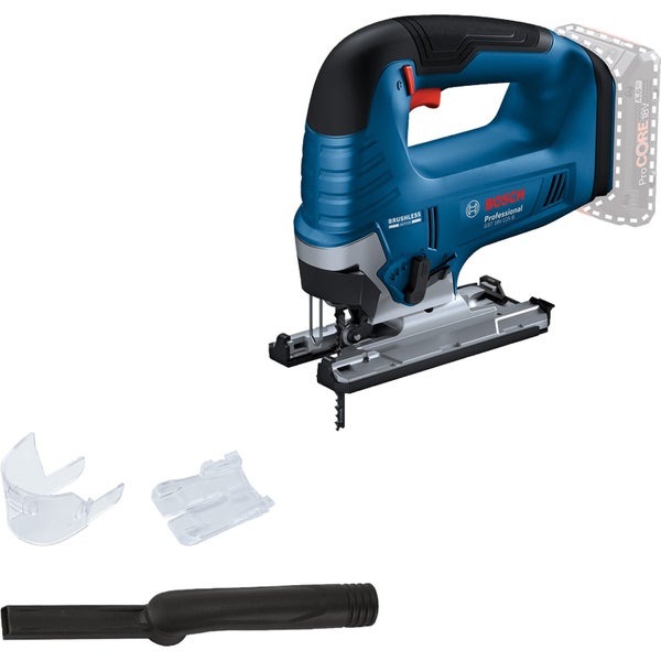 Bosch Professional Akku-Stichsäge GST 18 Volt 125 B mit bürstenlosem Motor, Sägeblatt, Absaugstutzen, Spanreißschutz und Abdeckhaube.