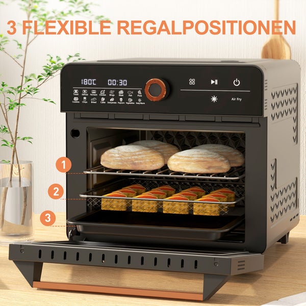 HOMCOM Minibackofen mit Umluft, 20L, 3 in 1 mit Grillrost, 40 °C-220 °C, mit Frittierkorb, Timer, Innenbeleuchtung, 1400W, 36L x 37B x 34,5H cm, Edelstahl, Schwarz