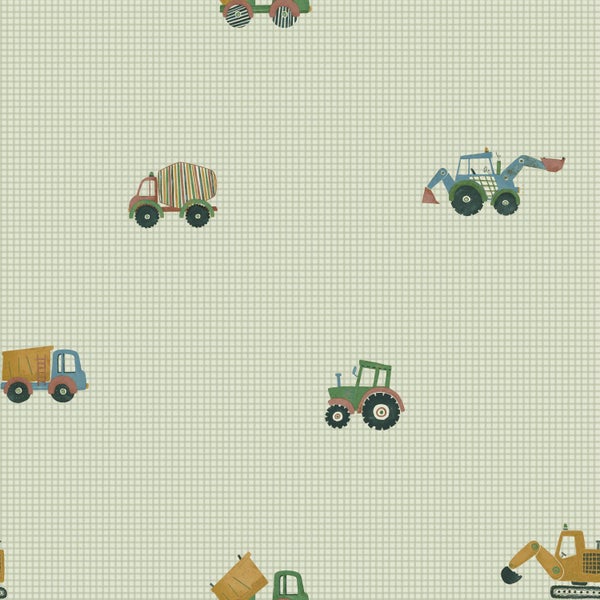 Tapete mit Motiven von Baustellenfahrzeugen wie Betonmischer, Bagger und Traktor auf einem karierten Untergrund.