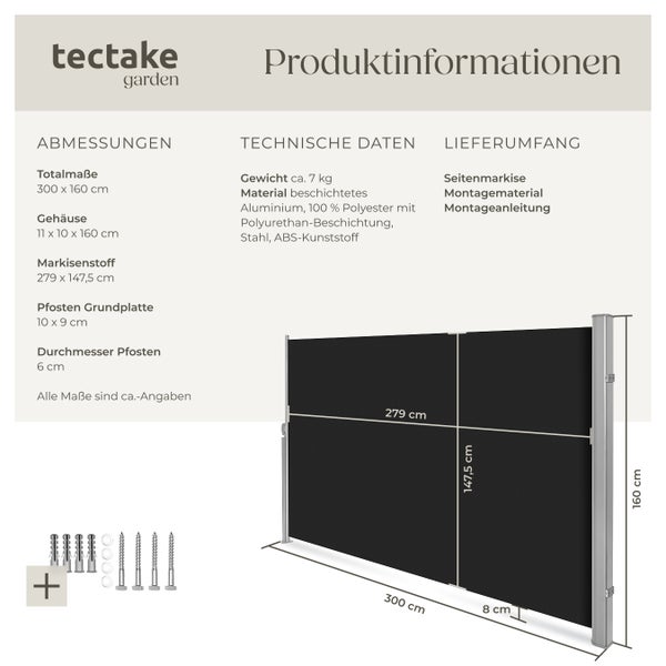 Seitenmarkise tectake  160 x 300 cm aus Aluminium schwarz