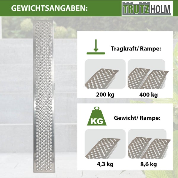 TRUTZHOLM 1 x Alu Auffahrrampe 200 x 22 cm 200 kg gelocht gewölbt rutschhemmedn starr leichte Rampe