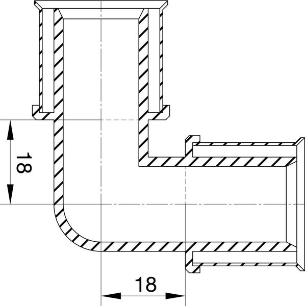 Technische Zeichnung eines 90 Grad Winkelstücks für Rohre mit dem Maß 18 Millimeter.