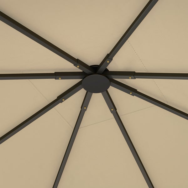 Detailansicht der Unterseite eines Sonnenschirms mit zentraler Nabe, dunklen Streben aus Metall und hellem Stoffbezug.
