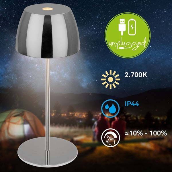 Briloner Serina Mini LED Tischlampe kabellos IP44, Dimmbar, Touch, Spritzwasserschutz, akku, chrom, Ø8 x 20 cm