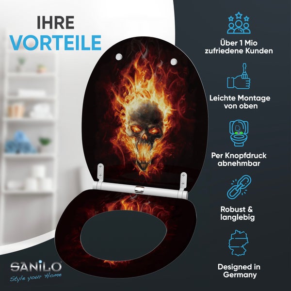 Toilettensitz mit brennendem Totenkopf und SANILO Logo. Montage von oben, per Knopfdruck abnehmbar, robust, langlebig, entworfen in Deutschland.