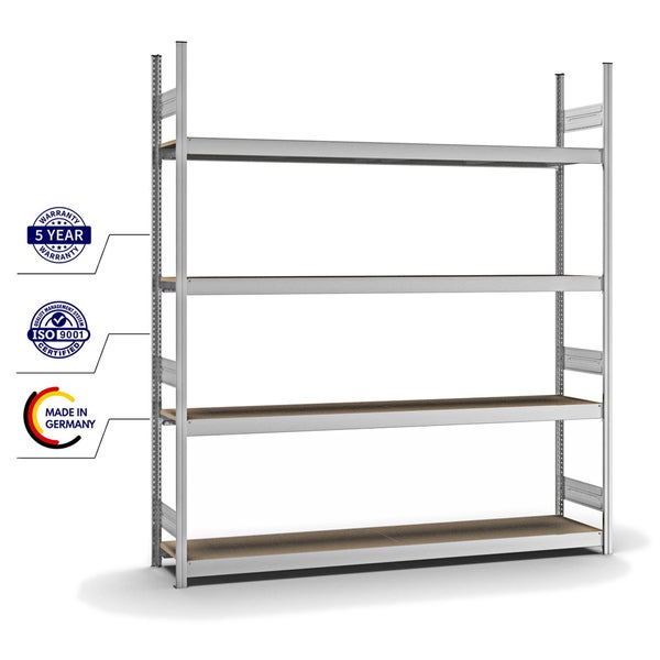 PROREGAL Weitspannregal Stecksystem T-Profil Grundregal HxBxT 250x225x40 cm 4 Ebenen Spanplatten Fachboden Fachlast 350 kg Verzinkt