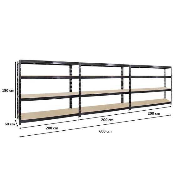 PROREGAL Mega Deal 3x Profi Schwerlastregal Rhino HxBxT 180 x 200 x 60 cm 4 Spanplatten-Ebenen 8mm Fachlast 500 kg Schwarz