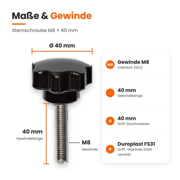Technische Zeichnung einer Sternschraube mit M8 Gewinde und 40 Millimeter Gewindelänge aus Duroplast und verzinktem Stahl.