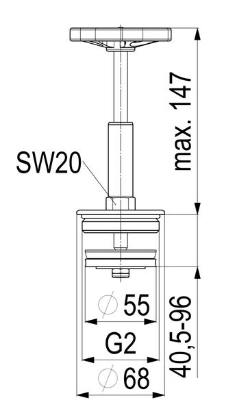Technische Zeichnung eines Ablaufventils mit Maßen: maximale Höhe 147 Millimeter, Gewinde G2, Durchmesser 68 Millimeter und Schlüsselweite 20.