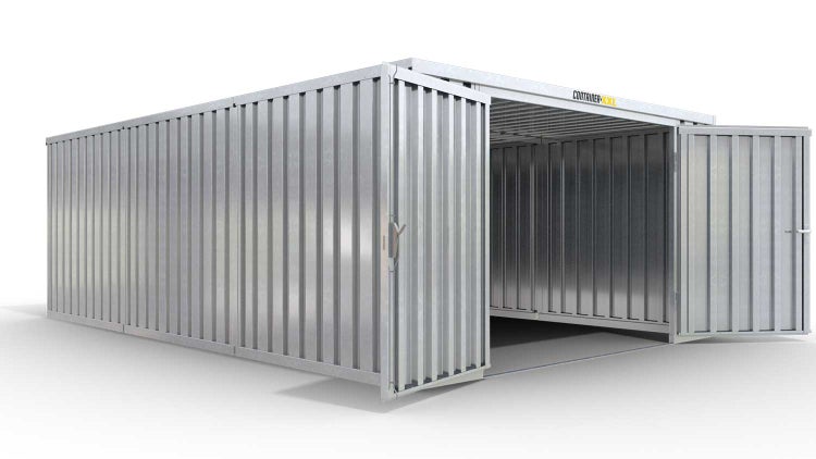 Lagercontainer Gerätehaus M3  – 18 qm, H2115 x B3050 x T6520 mm, verzinkt, ohne Fußboden, 2750 mm Doppelflügeltür mittig in Stirnseite, zerlegt