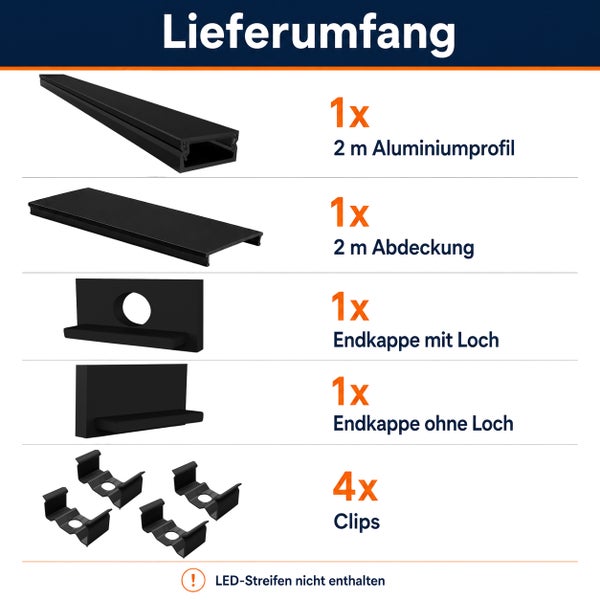 Lieferumfang LED Aluminiumprofil Set mit 2 Meter Profil Abdeckung Endkappen und Clips ohne LED Streifen