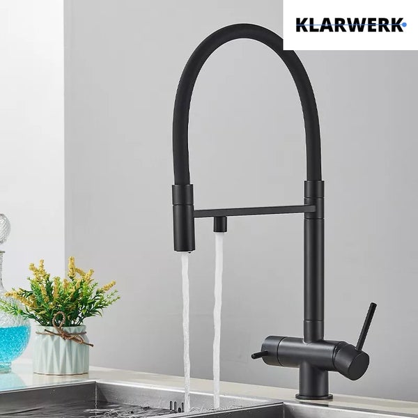 Lana | 3 Wege Schwarz matt ausziehbare Armatur | Edelstahl Trinkwasser Osmose Wasserhahn Küche |Mischbatterie - 360 Grad drehbar | Filter 3 Anschlüsse
