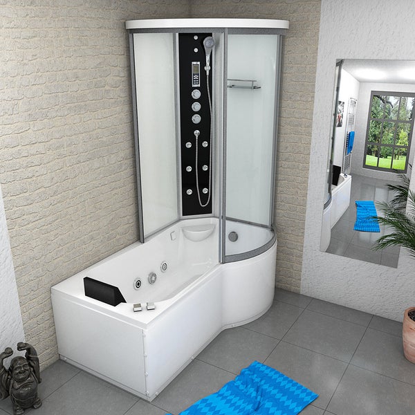 Kombi-Badewanne mit Duschkabine, Massage-Düsen und Kopfstütze in einem hellen, organisierten Badezimmer mit Ziegelwand.