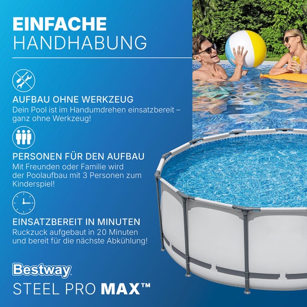 Bestway Steel Pro Max Frame Pool mit Details zum Aufbau: werkzeuglose Montage durch drei Personen in circa 20 Minuten und Bestway Logo.
