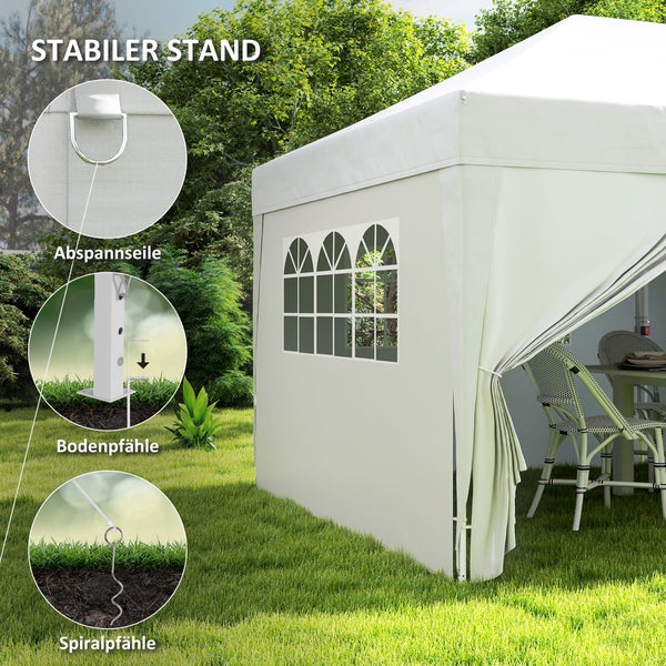 Weißes Partyzelt im Garten mit Detailansichten zur Befestigung: Abspannseile, Bodenpfähle und Spiralpfähle für stabilen Stand.